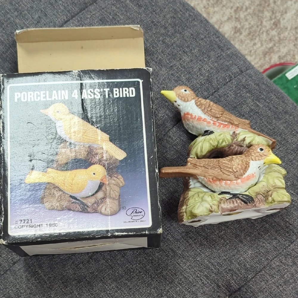 Antique Porcelain Bird Figurine Set - Brown and Yellow Circa 1986 With Box.